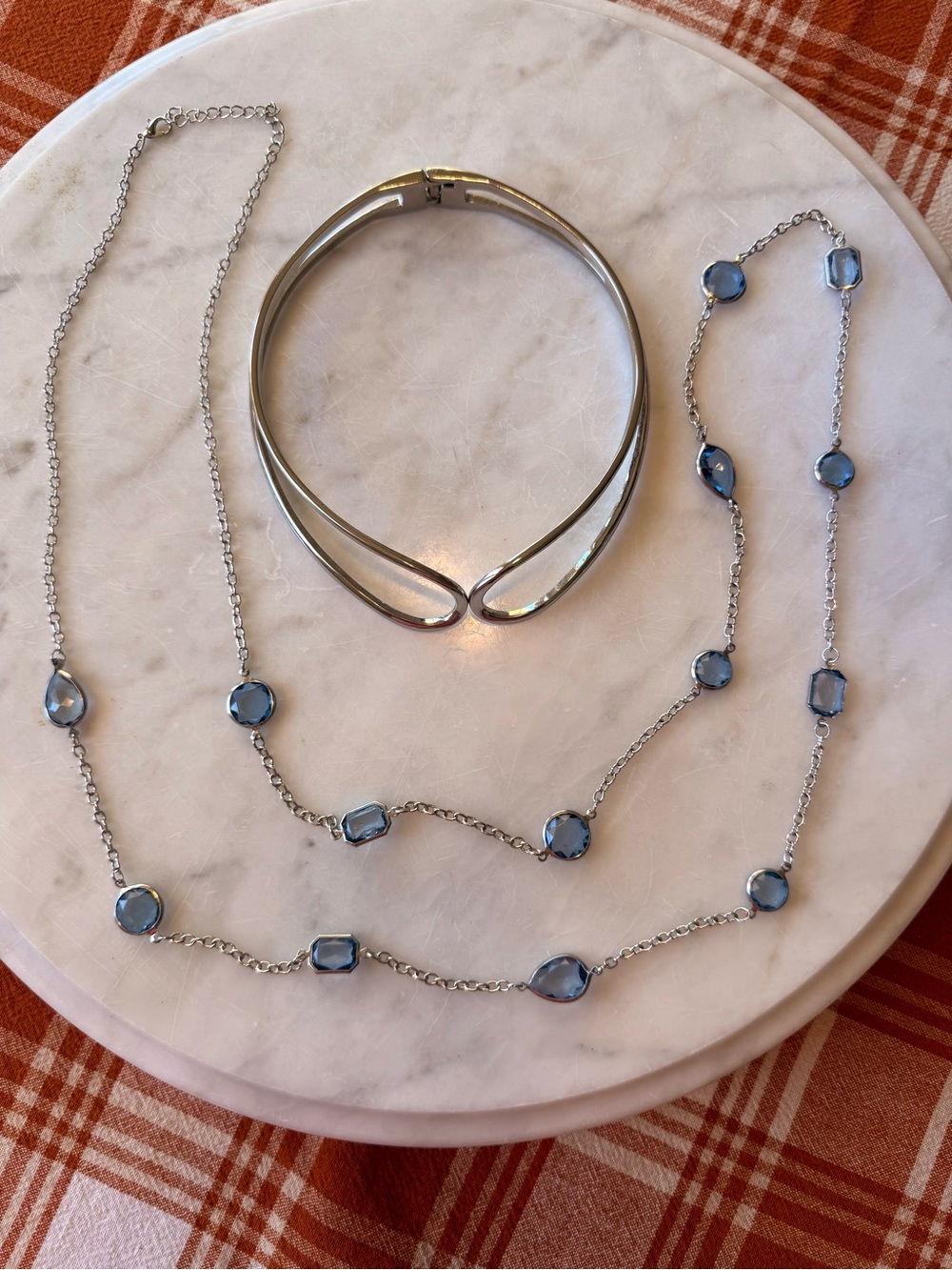 Bundle-Unbranded Silver-Tone Blue Stone Long Necklace & Silver Choker Set